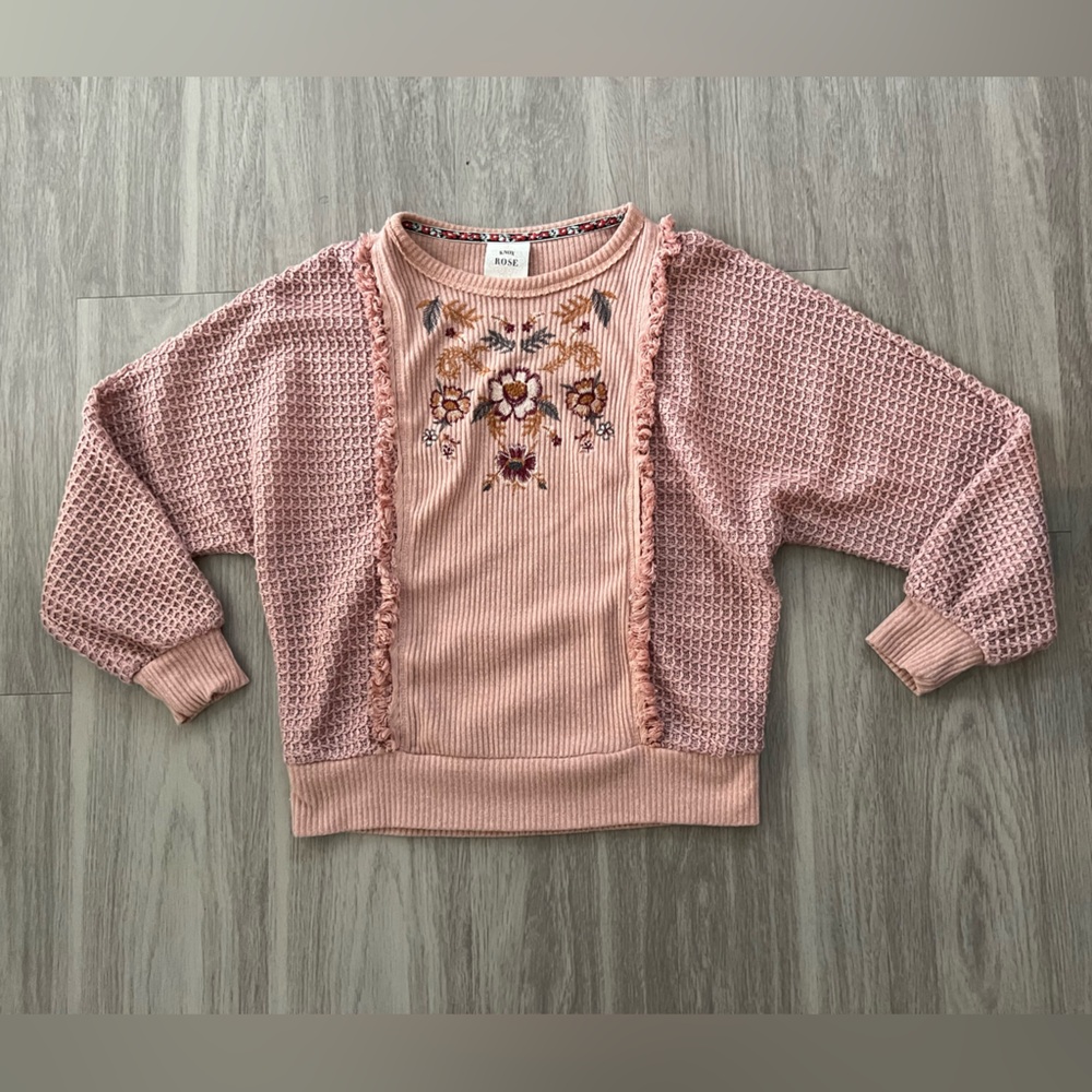 Knox Rose Blush Pink Embroidered Floral Fringe Pullover Cottagecore Small